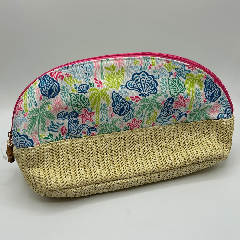 Colorful Tropical Mermaid Shell Cosmetic Bag Woven Bottom Zip Pouch Travel NWOT